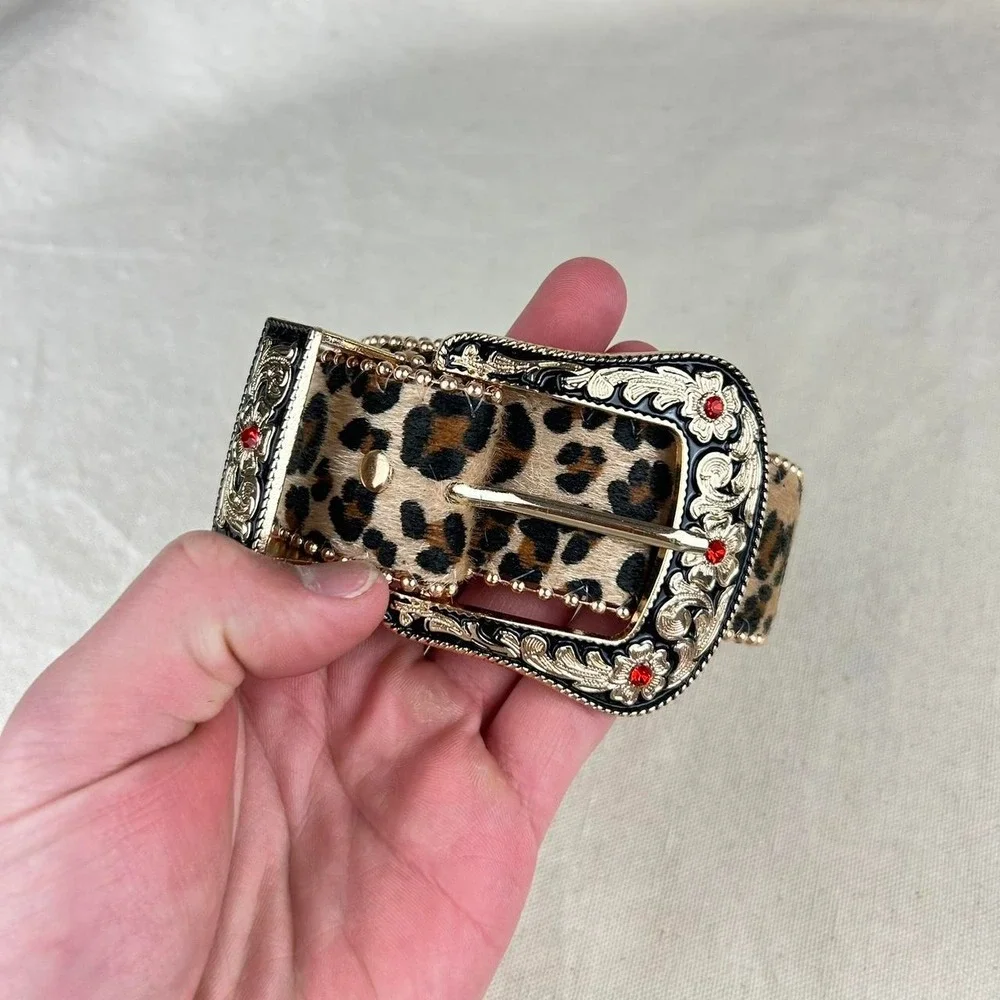 Vintage style cheetah leopard print fur belt american tan and brown bedazzled